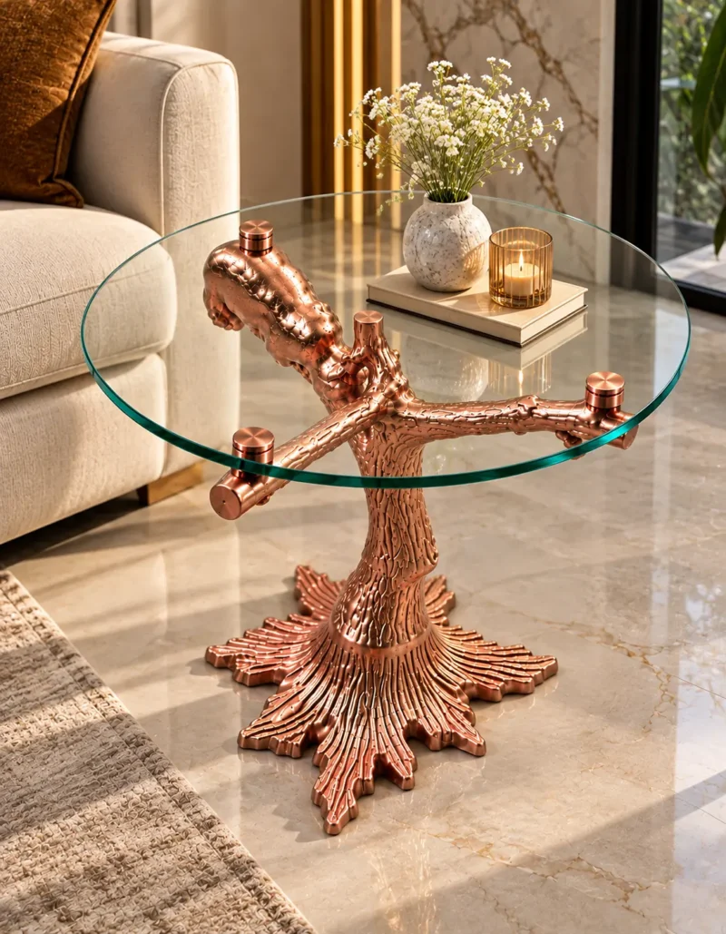 Round glass luxury side table with rose gold bear and tree branch base styled beside a beige sofa