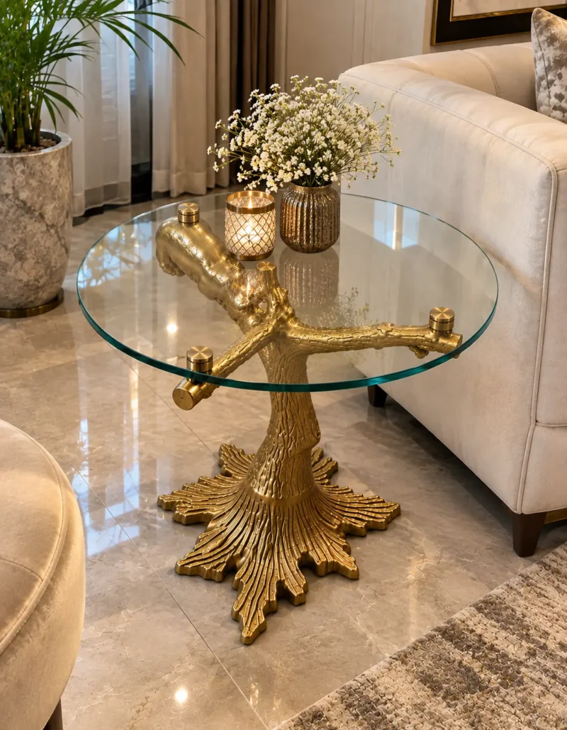 Gold finish tree branch glass side table with sculptural bear detail displayed beside a cream sofa