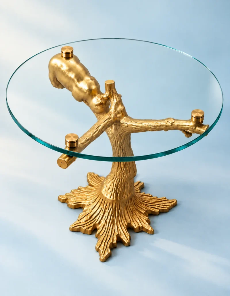 Gold tree branch glass side table with round transparent top and decorative sculptural pedestal on blue background