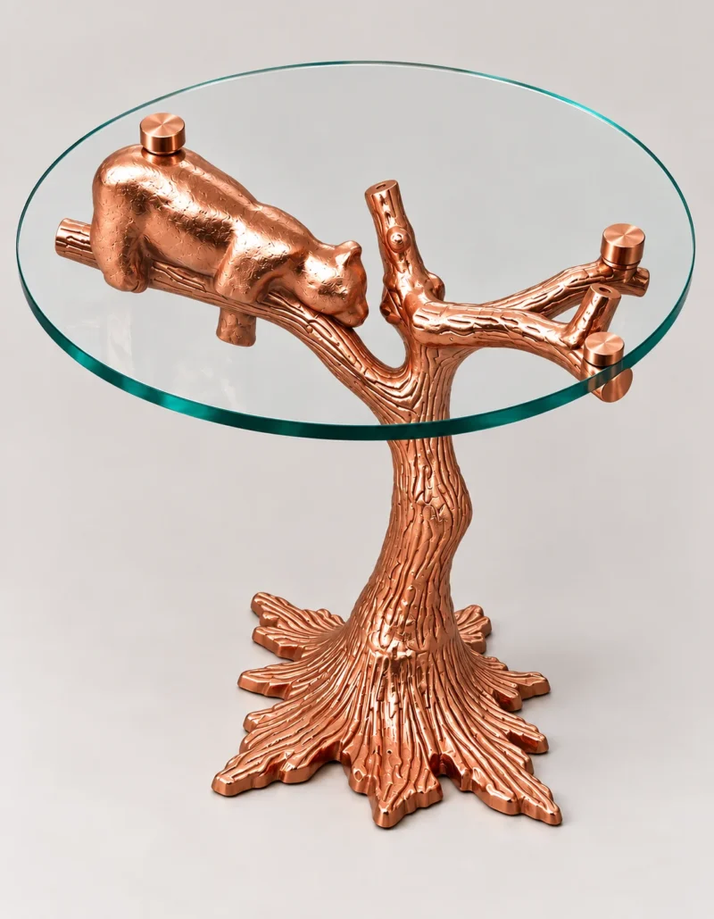 Rose gold sculptural tree branch side table with clear round glass top and resting bear detail from angled view