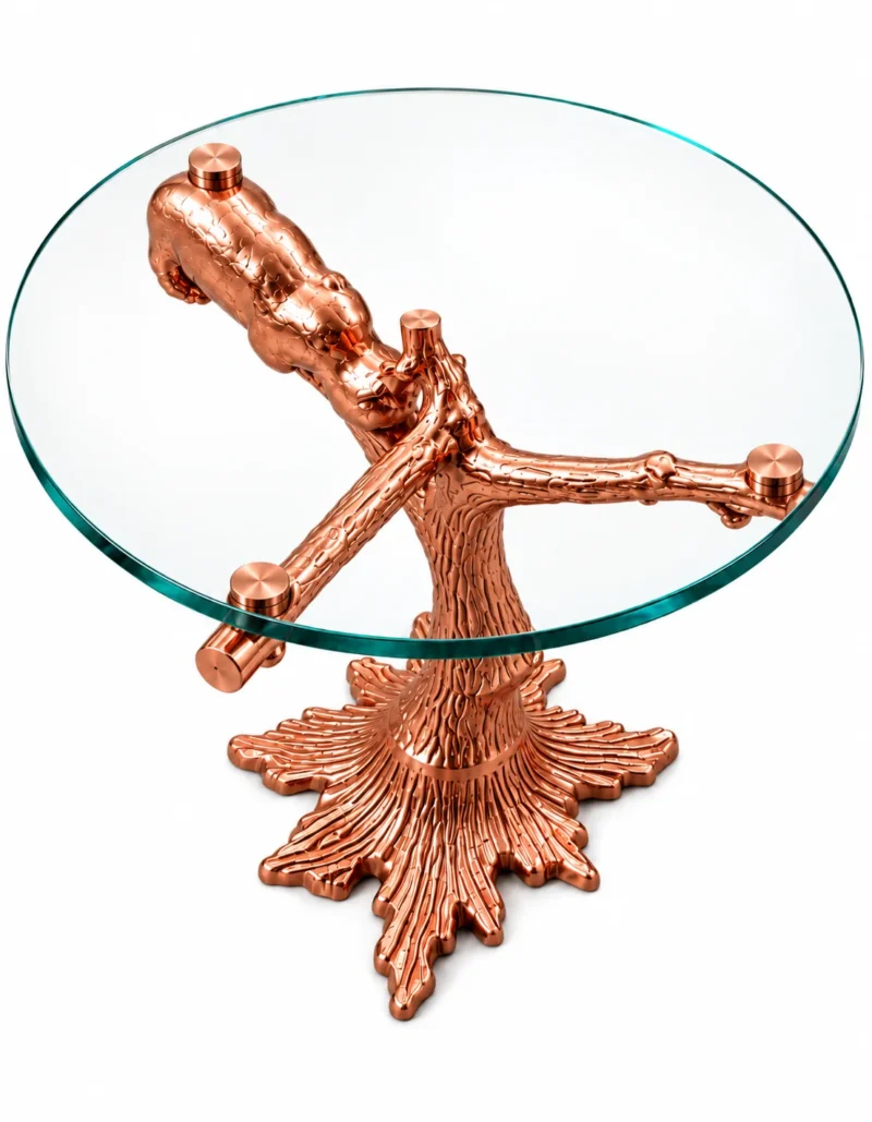 Sylvara Luxe rose gold tree branch glass side table with resting bear sculpture and textured root pedestal on white background