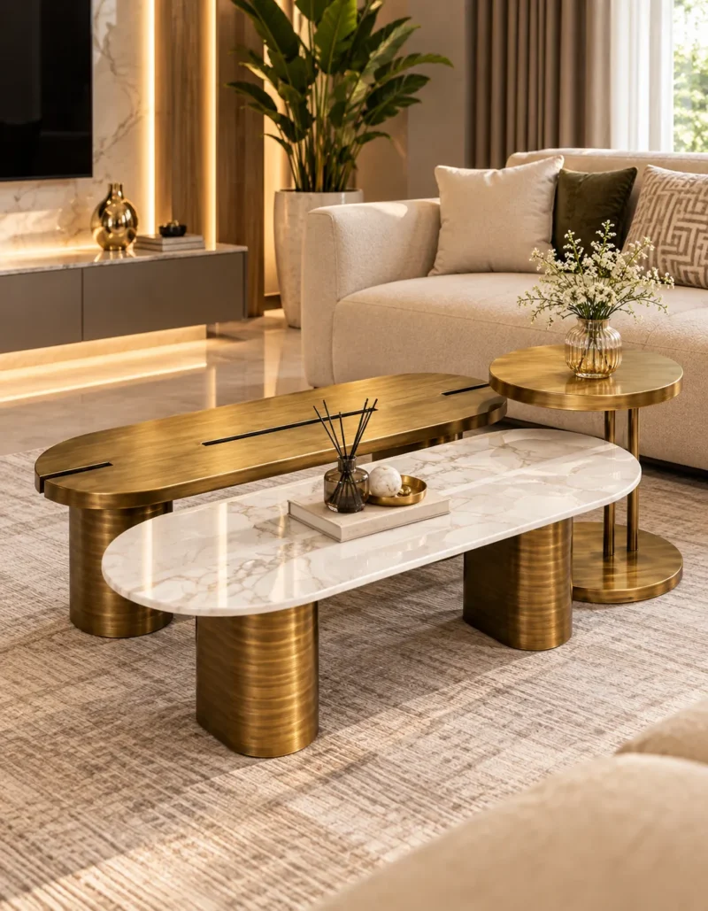 Trivora 3 piece marble centre table set with gold stainless steel in luxury living room