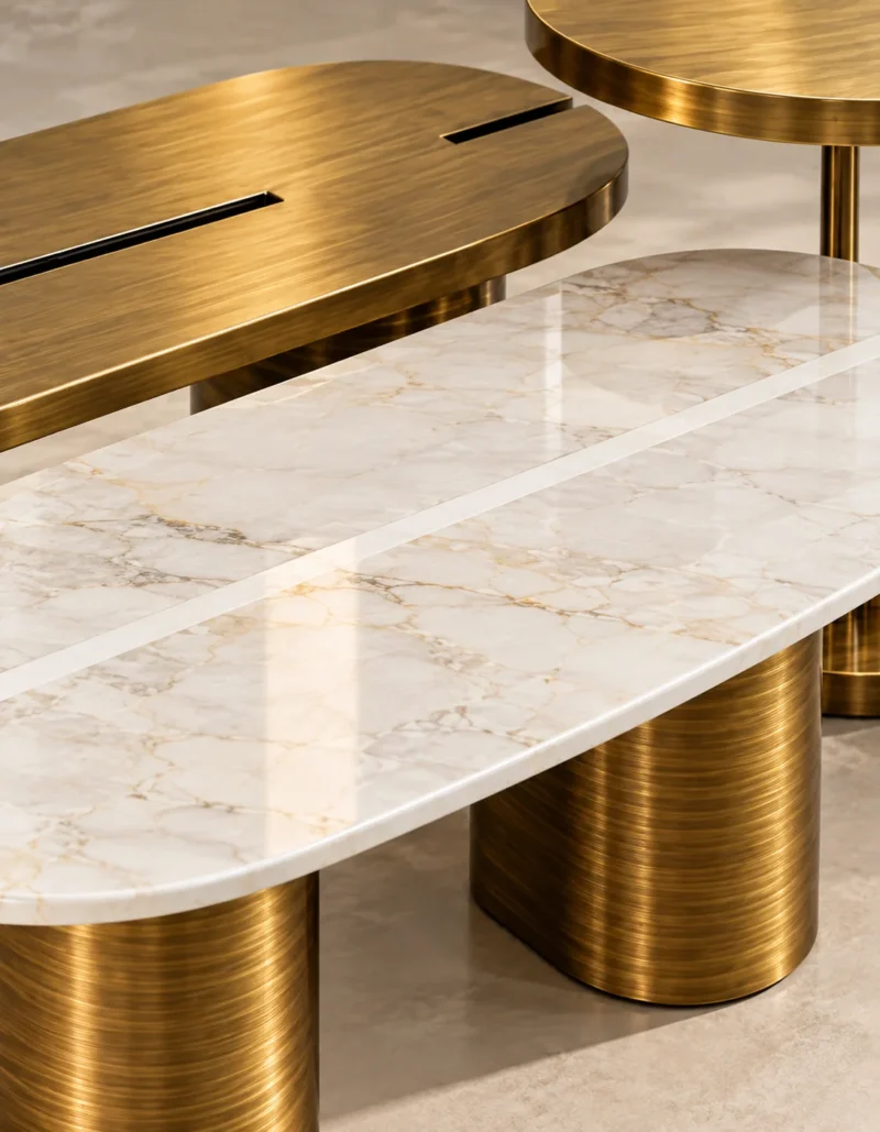Close view of Trivora marble top and gold stainless steel centre table
