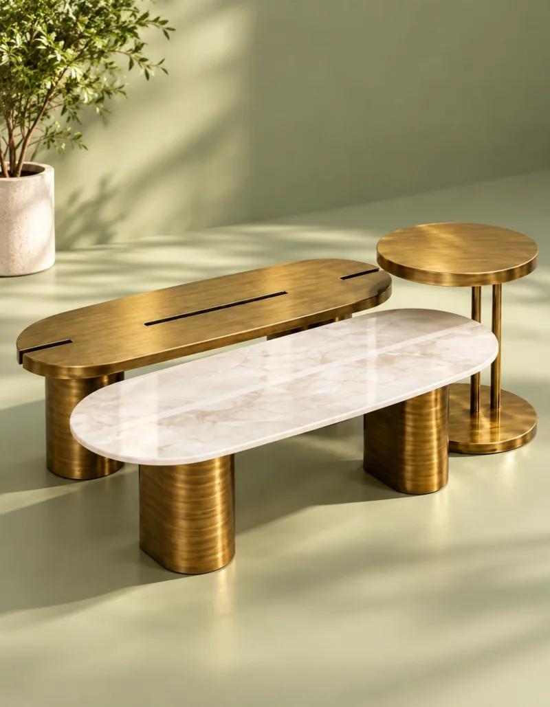 Trivora multi level marble centre table set with oval and round gold tables