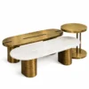 Trivora 3 piece marble centre table set with gold stainless steel on white background