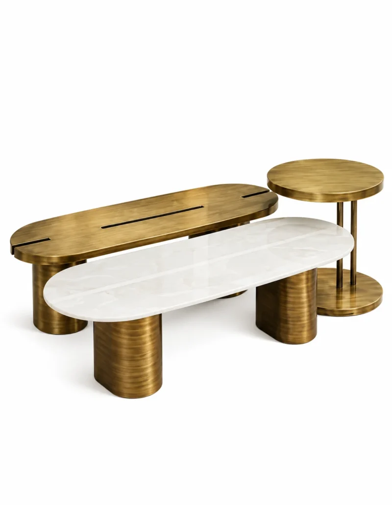 Trivora 3 piece marble centre table set with gold stainless steel on white background