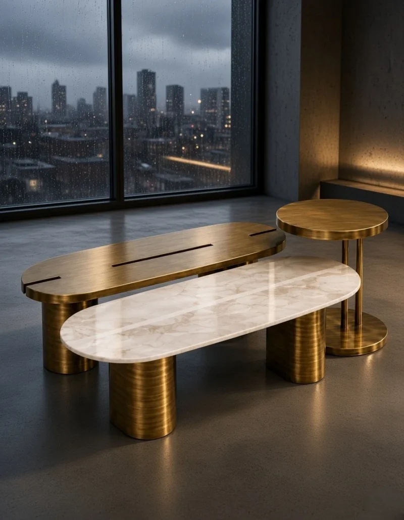 Gold stainless steel and marble centre table set in modern interior
