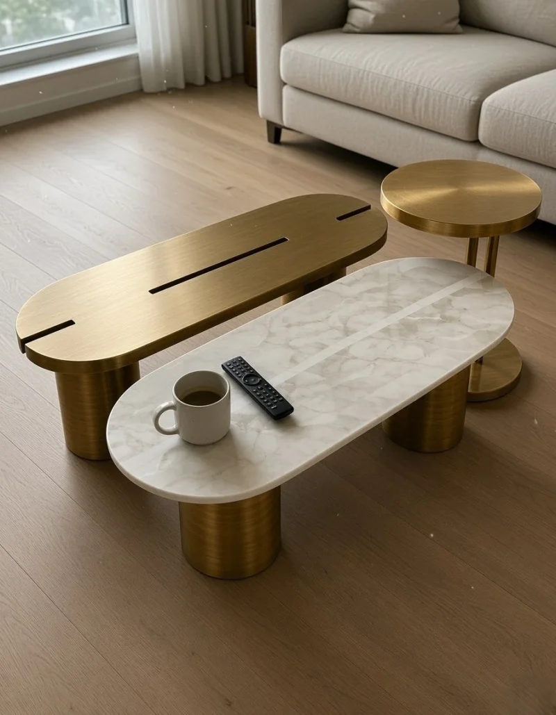 Trivora marble centre table set styled with coffee mug in living room