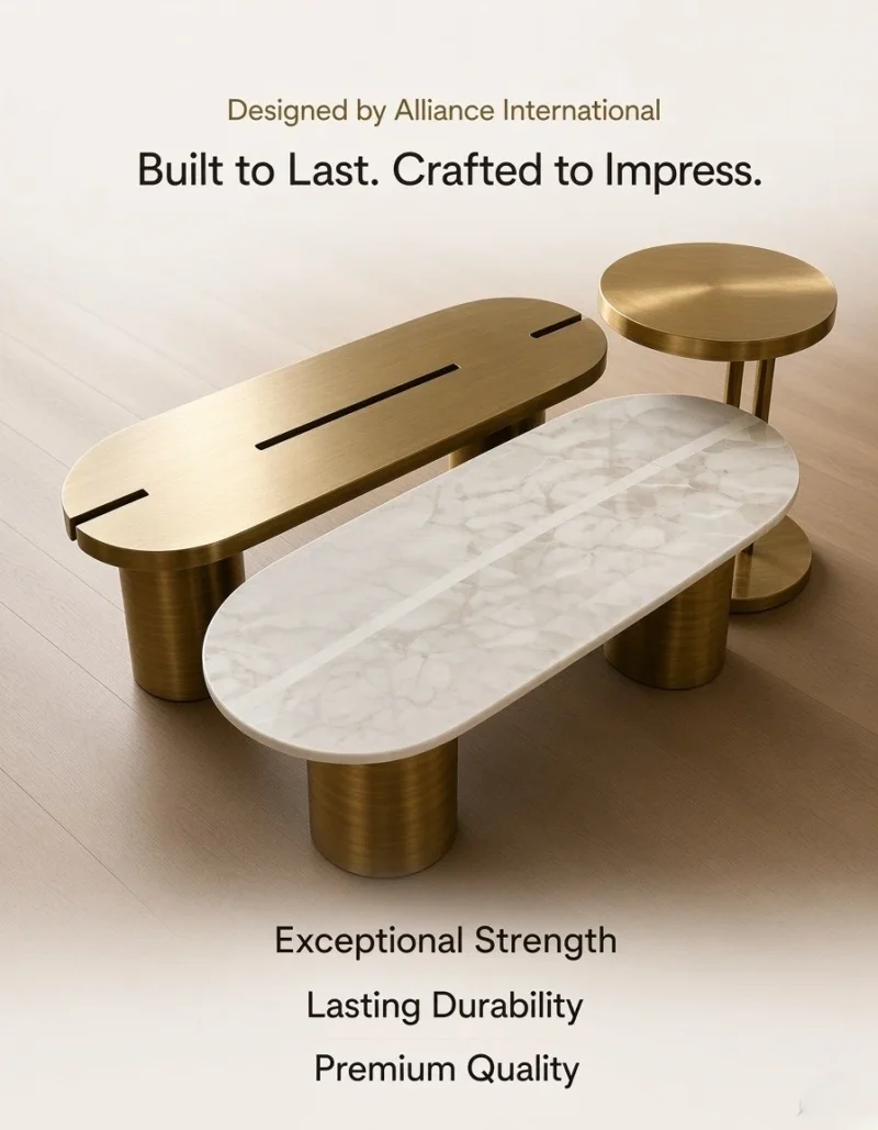 Trivora 3 piece centre table set with marble and gold stainless steel design