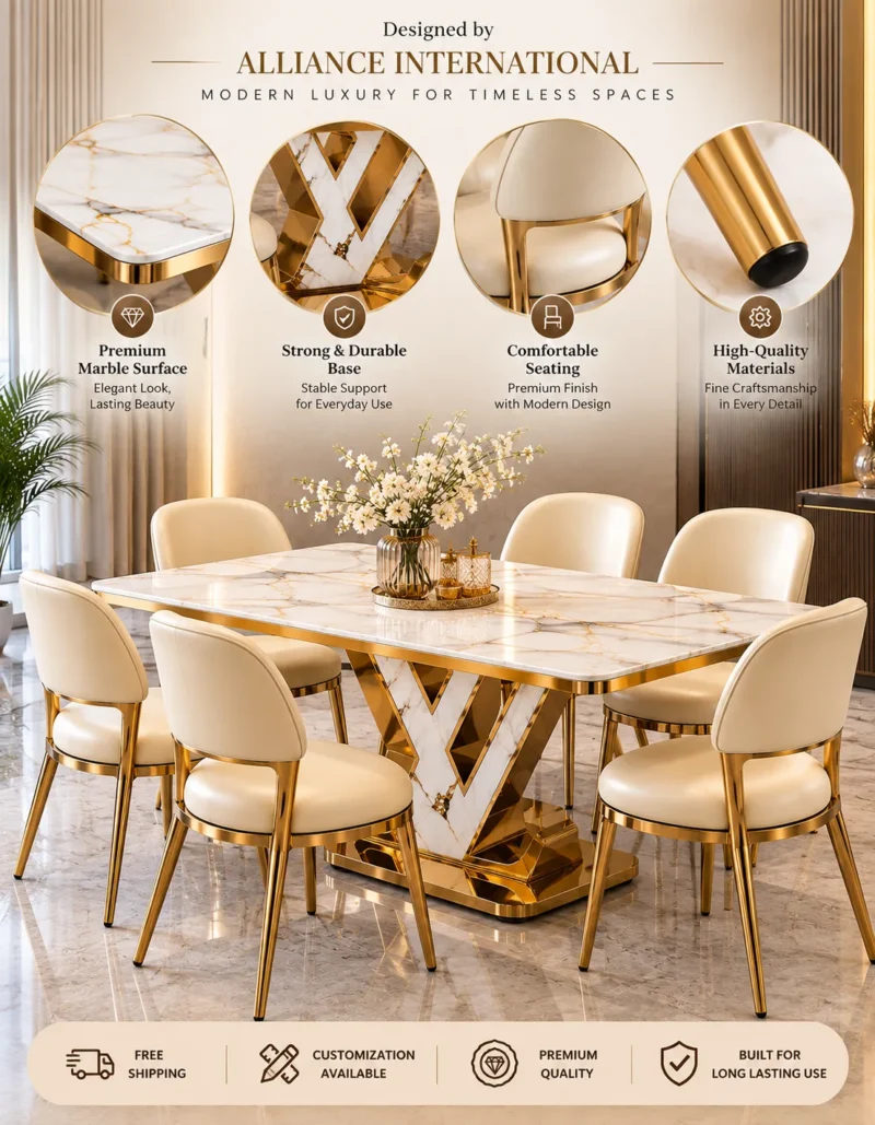 Valenza V shaped marble dining table with gold stainless steel base