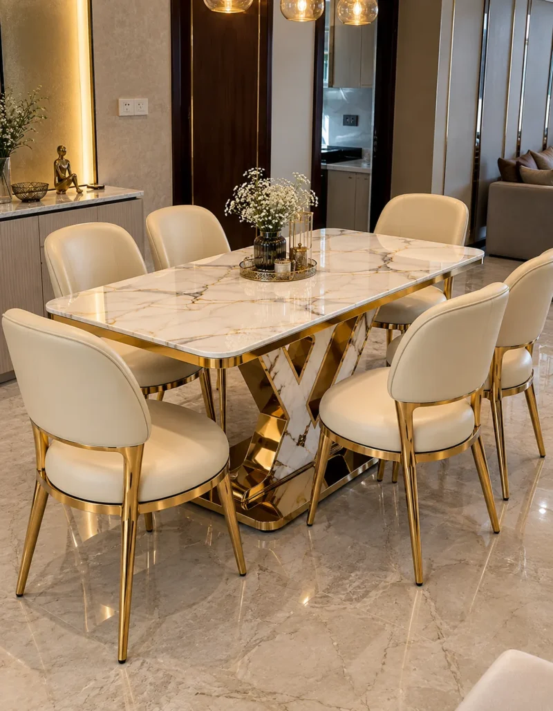 Luxury marble dining table with V shaped gold base and six chairs