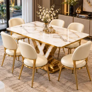 6 seater marble dining table with geometric gold stainless steel base