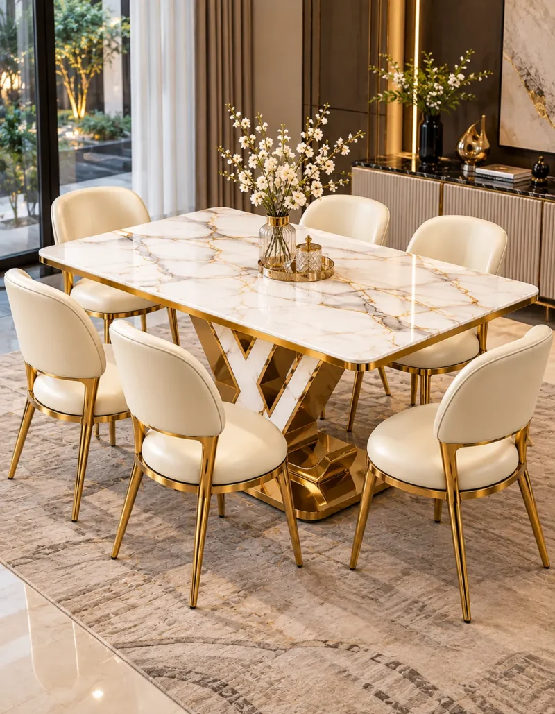 6 seater marble dining table with geometric gold stainless steel base
