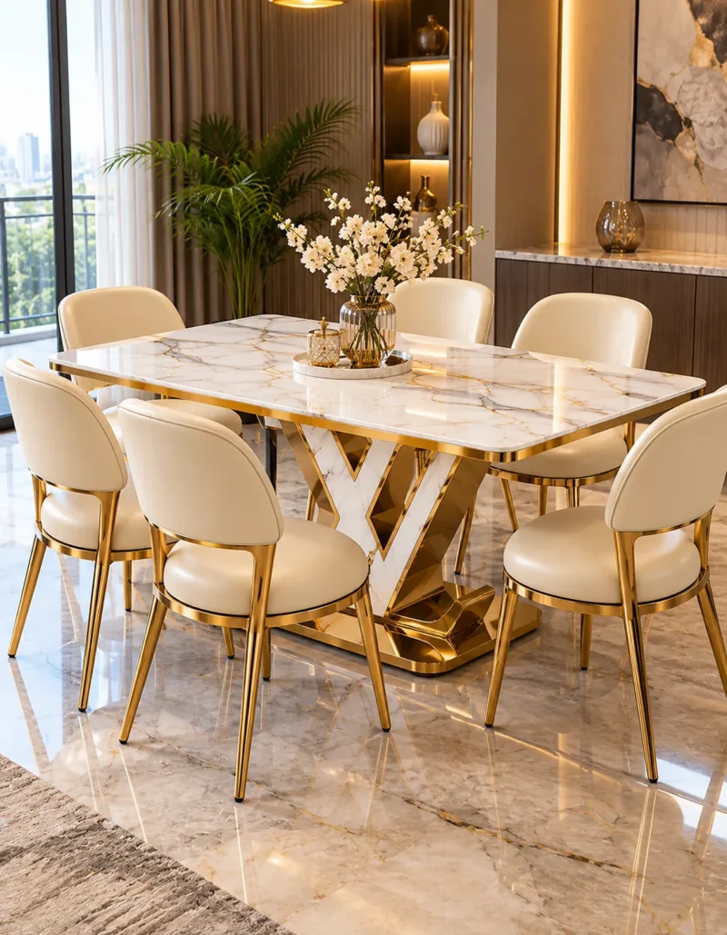Modern marble dining table with gold V pedestal and upholstered chairs