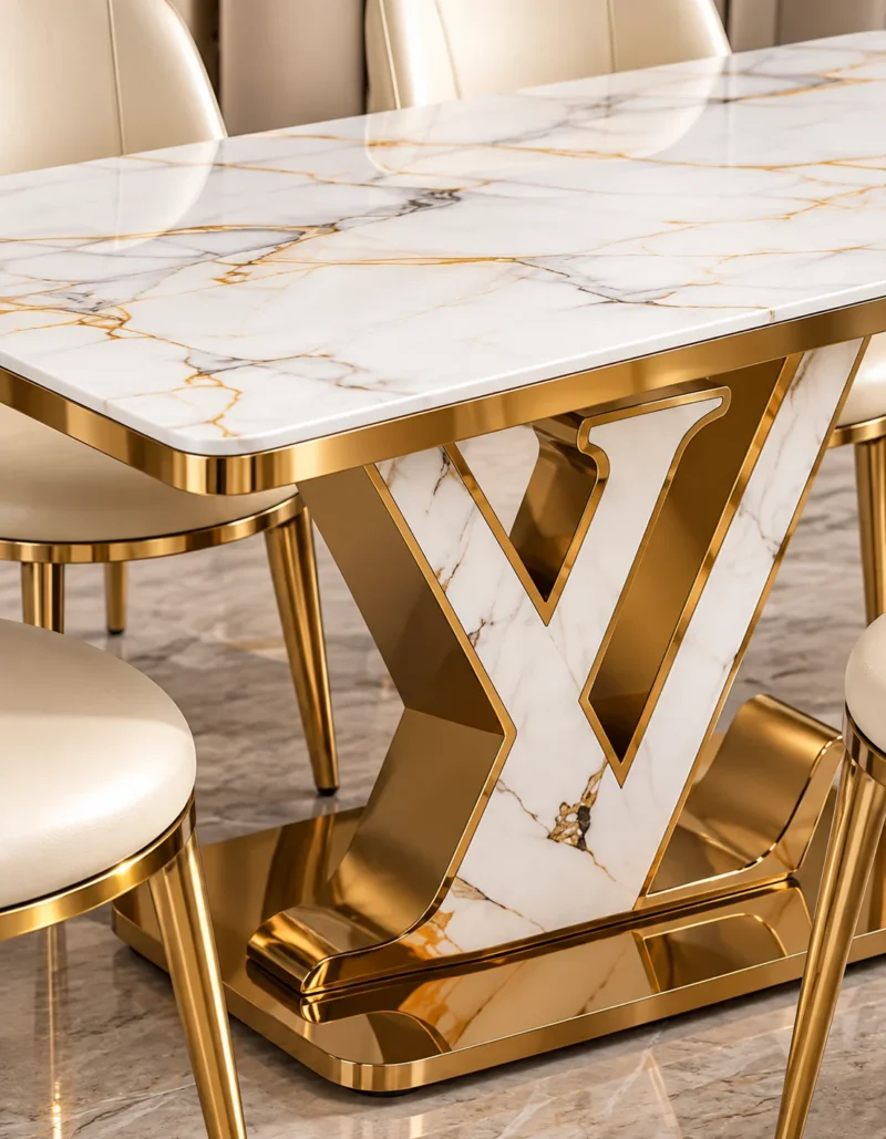 Close up of marble dining table top and V shaped stainless steel pedestal