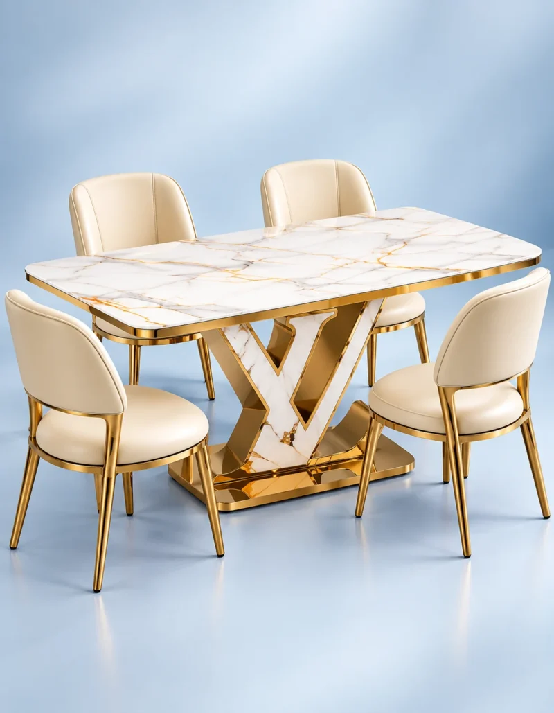 4 seater V shaped marble dining table with gold base