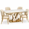 Valenza V marble dining table with four cream chairs on white background
