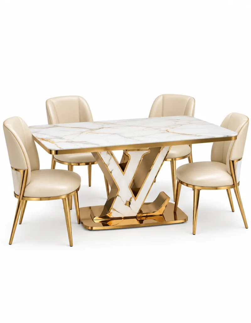 Valenza V marble dining table with four cream chairs on white background