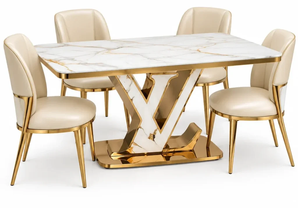 Valenza V marble dining table with four cream chairs on white background