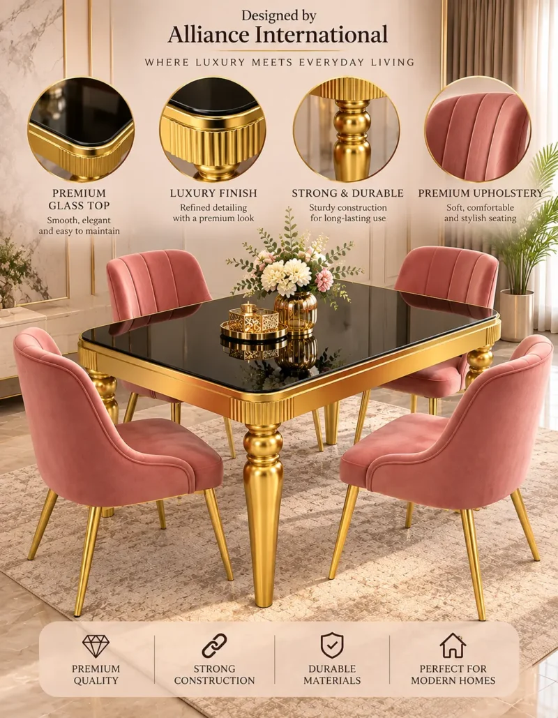 Valora black marble dining table with gold legs and pink chairs