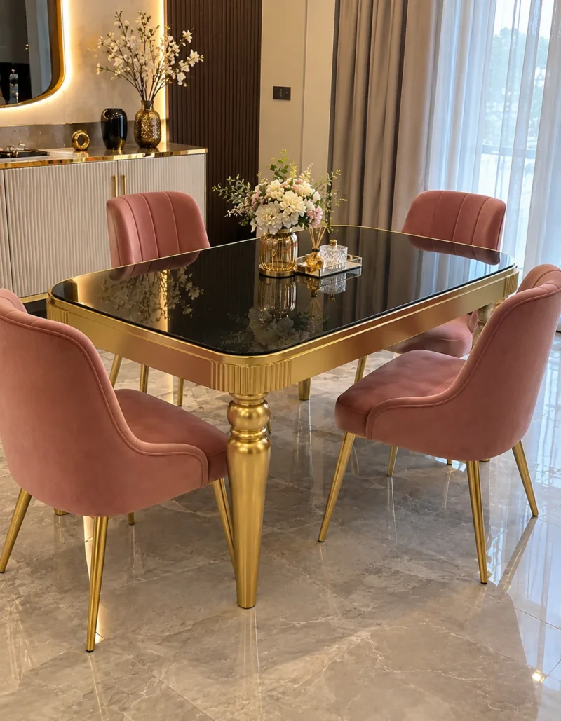 Black marble dining table with gold stainless steel legs and chairs