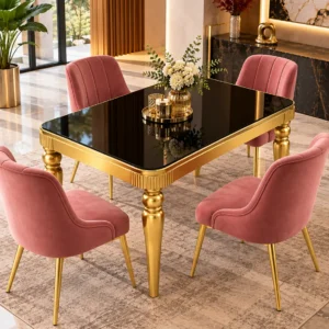 Luxury black marble dining table set with four pink chairs
