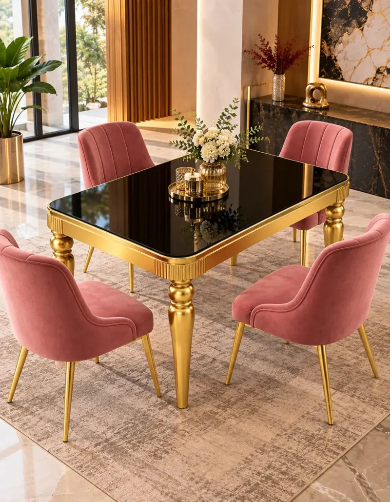 Luxury black marble dining table set with four pink chairs