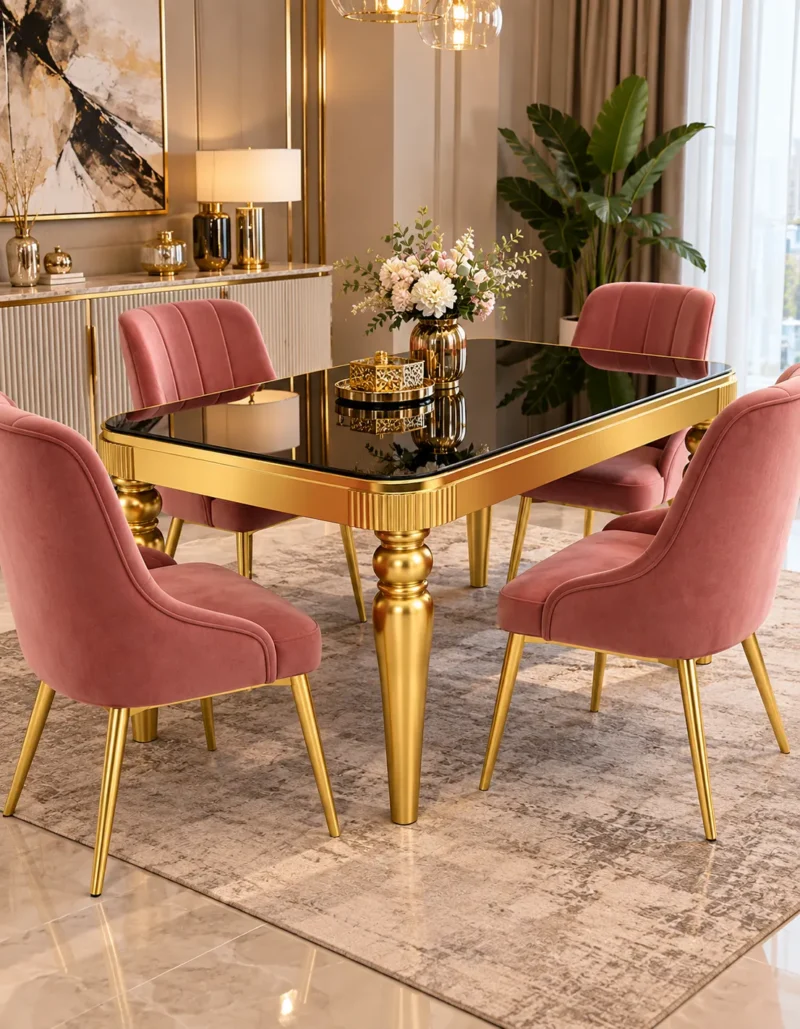 Modern 4 seater black marble dining table with gold legs