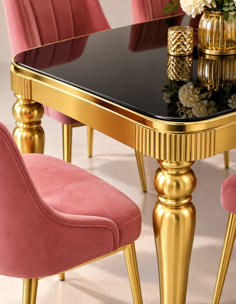 Close up of black marble dining table top and gold fluted detailing
