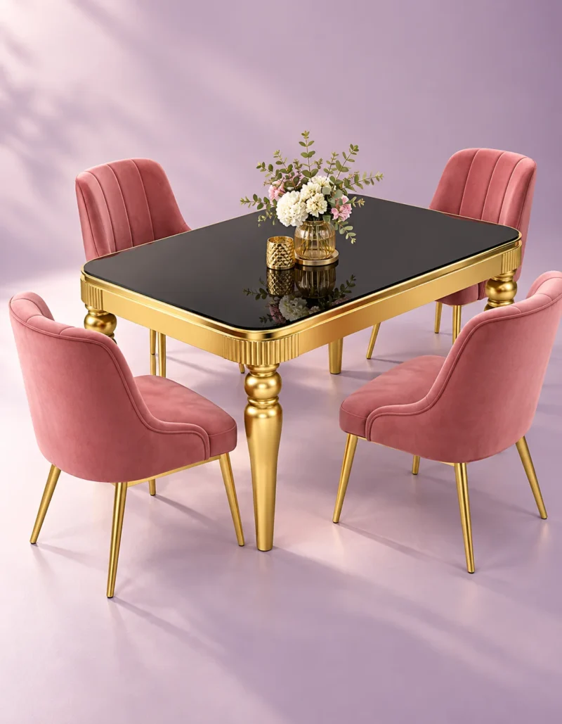 Designer black and gold marble dining table with pink upholstered chairs