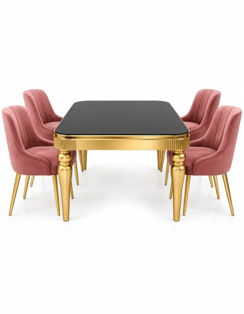 Valora Noir black marble dining table with gold legs front view