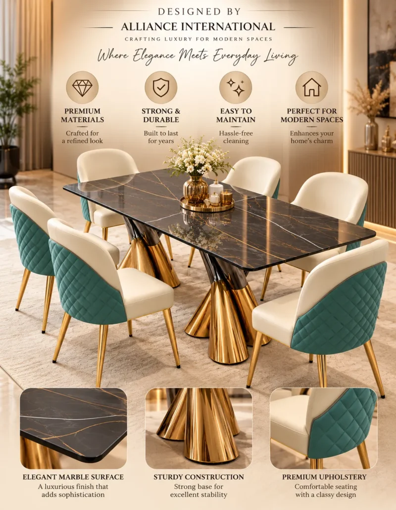 Velmora dual pedestal black marble dining table with six chairs