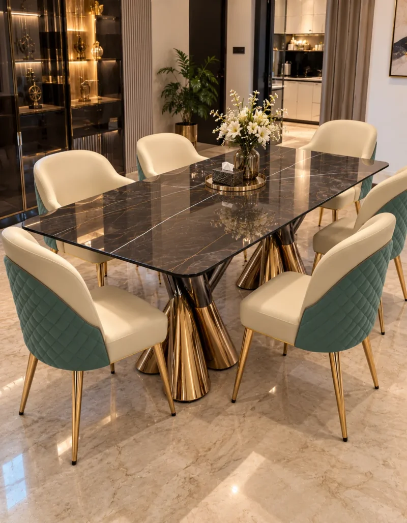 Black marble dining table with gold dual pedestal base and upholstered chairs