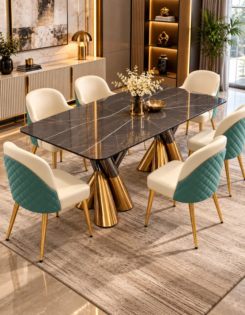 Luxury 6 seater black marble dining table with gold pedestal base