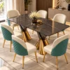 Modern black marble dining table set with teal upholstered chairs