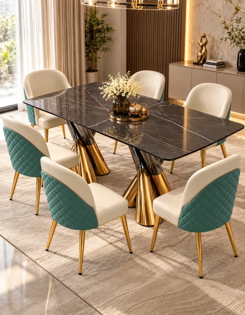 Modern black marble dining table set with teal upholstered chairs