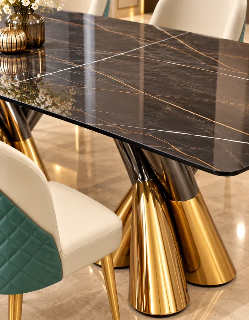 Close up of black marble dining table and sculptural gold stainless steel base