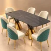 Designer dual pedestal marble dining table with six teal chairs