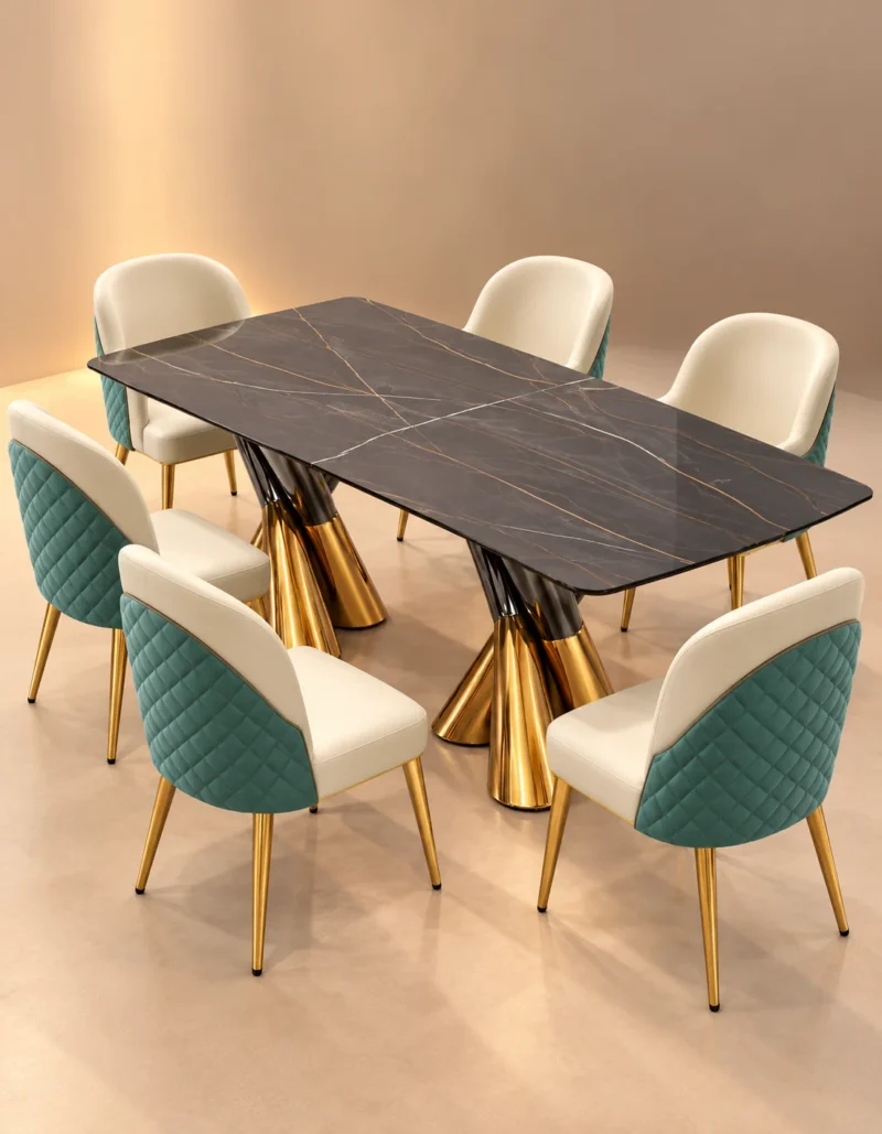 Designer dual pedestal marble dining table with six teal chairs