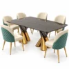 Velmora black marble dining table with gold dual pedestal base on white background