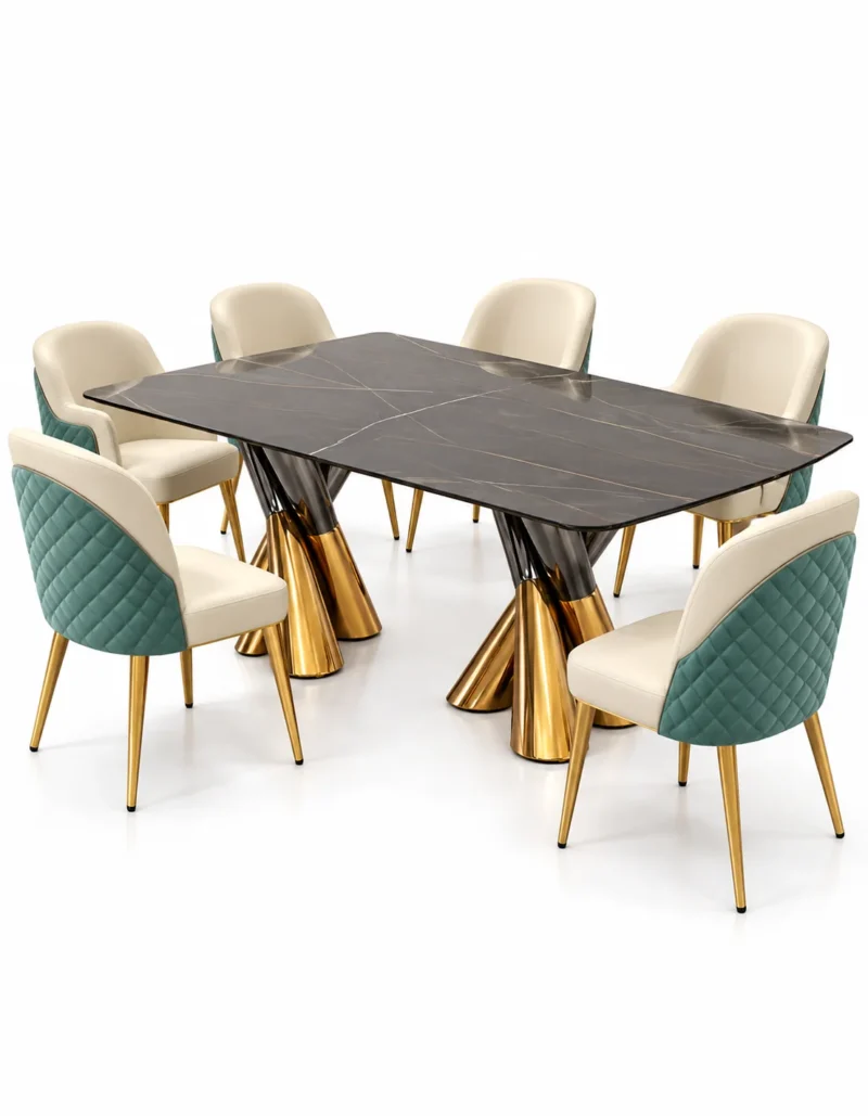 Velmora black marble dining table with gold dual pedestal base on white background