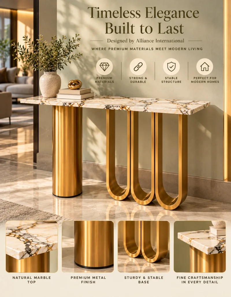 Velora Luxe gold loop console table with white marble top, cylindrical stainless steel pedestal and three U-shaped gold supports.