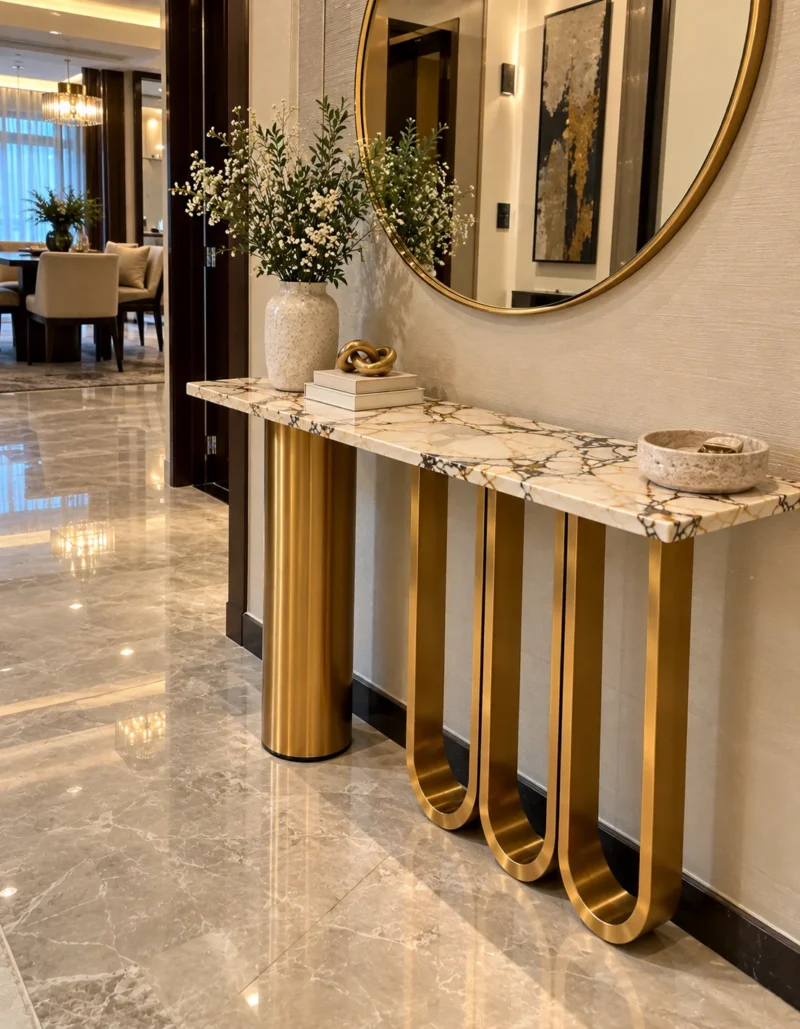 Luxury marble console table with gold cylindrical and U-shaped loop supports beneath a round mirror in a modern entryway.