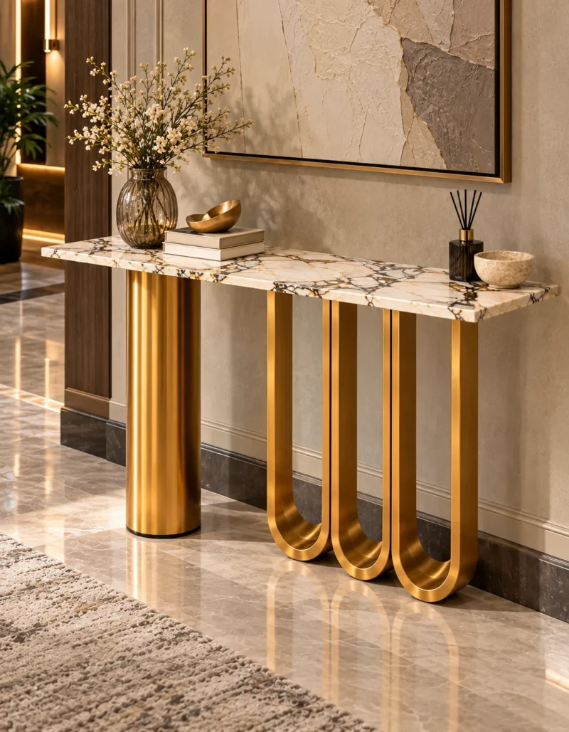 Angled view of a designer white marble console table with gold stainless steel cylinder and three sculptural loop legs.