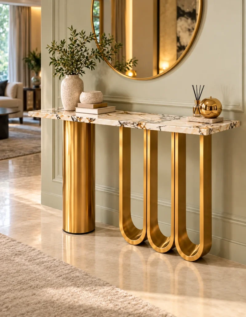 Modern gold and white marble console table with triple U-shaped base styled against a living room wall with round mirror.