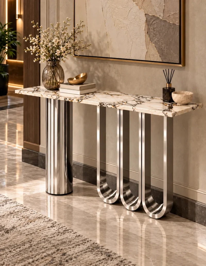 Angled view of a designer white marble console table with stainless steel cylinder and three sculptural loop legs.