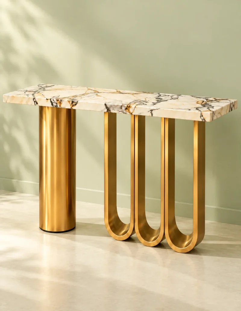 Gold stainless steel console table with rectangular white marble top, cylindrical pedestal and three U-shaped legs against a pale green background.