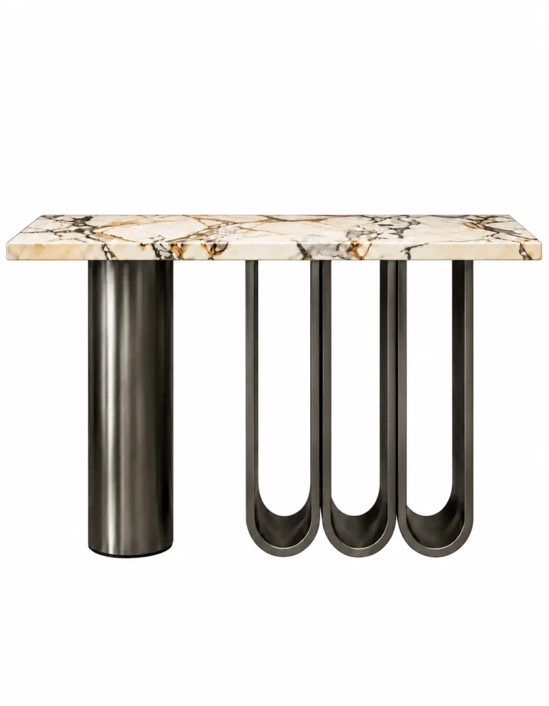 Velora Luxe loop console table with veined white marble top, cylindrical stainless steel pedestal and three U-shaped supports on white background.