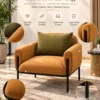 Velora Luxe caramel fabric accent chair feature graphic showing rounded armrests, olive-green cushion, black metal frame and upholstered seat.