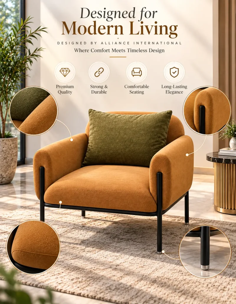 Velora Luxe caramel fabric accent chair feature graphic showing rounded armrests, olive-green cushion, black metal frame and upholstered seat.
